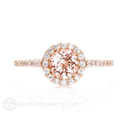 Round Diamond Halo Morganite Engagement Ring Wedding Bridal Ring Set 14K Rose Gold - Engagement Only - Rare Earth Jewelry