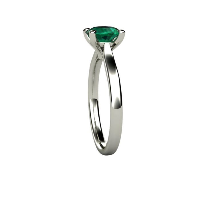 Side View of Round Emerald Solitaire Engagement Ring, Classic 4 Prong Cathedral Style, May Birthday Gift | Rare Earth Jewelry