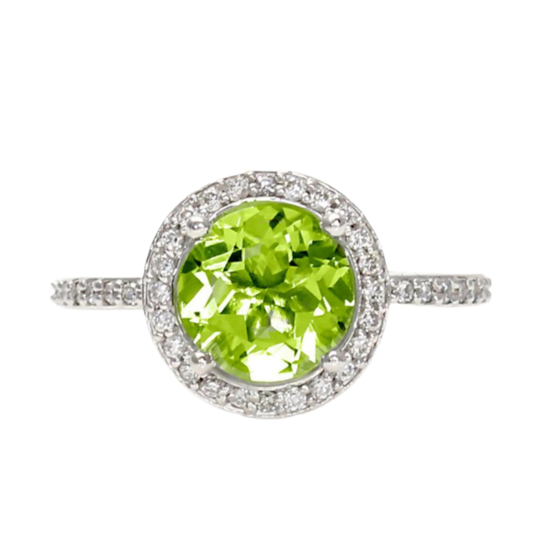 Round Peridot Ring with Diamond Halo, 2ct Natural Peridot, August Birthstone Ring | Rare Earth Jewelry