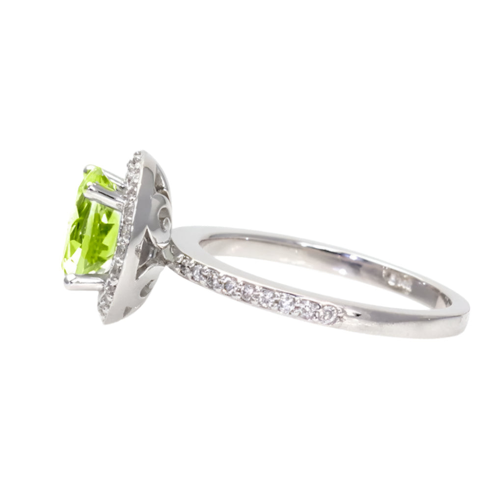 Round Peridot ring with Diamond Halo, August Birthstone, Side View | Rare Earth Jewelry