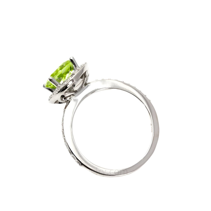 Peridot Ring with Diamond Halo August Birthstone, Profile View | Rare Earth Jewelry