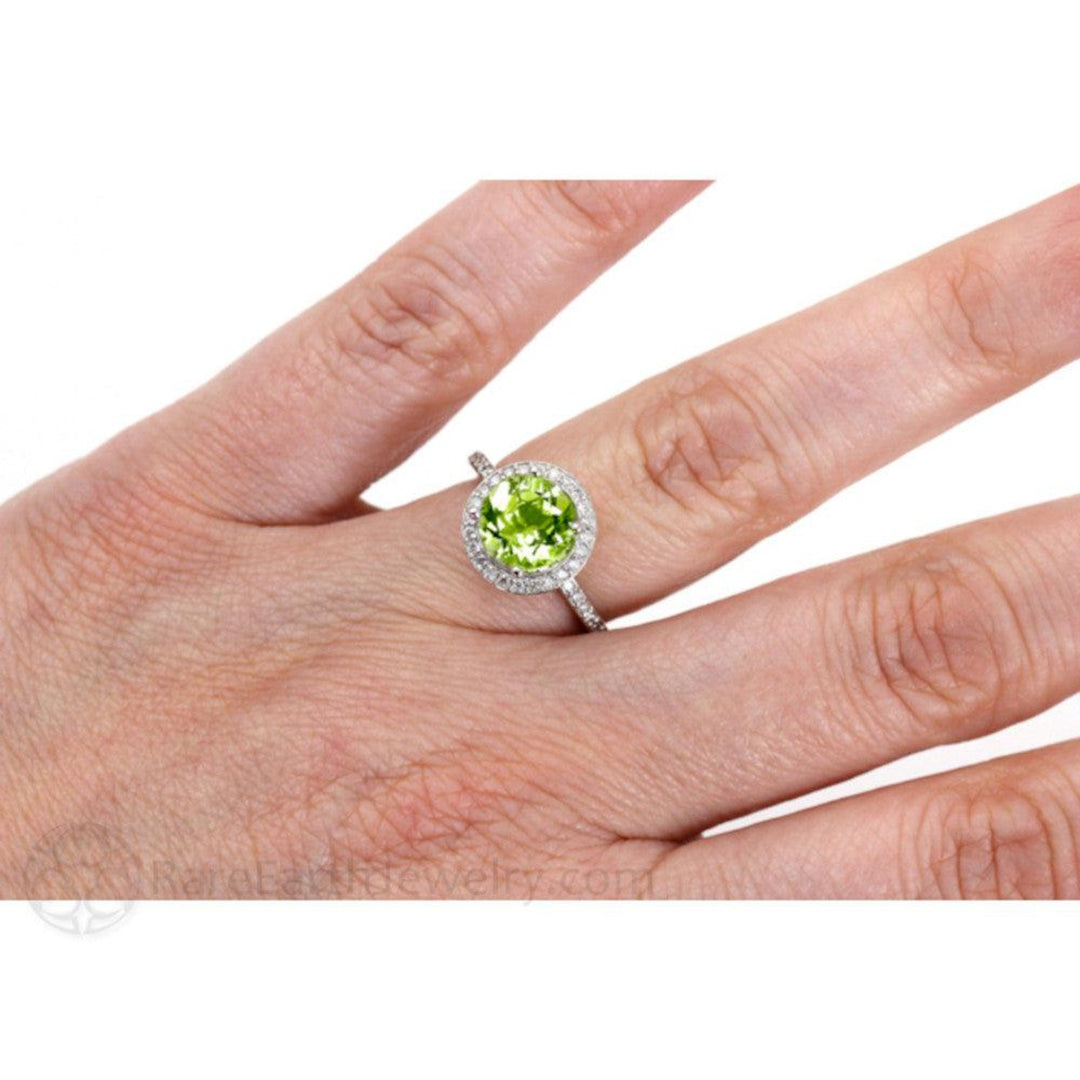 Round Peridot Ring with Diamond Halo, 8mm Peridot on the Hand | Rare Earth Jewelry