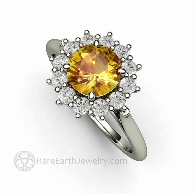 Round Yellow Sapphire Engagement Ring Vintage Style Cluster Diamond Halo 14K White Gold - Rare Earth Jewelry