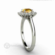 Round Yellow Sapphire Engagement Ring Vintage Style Cluster Diamond Halo 14K White Gold - Rare Earth Jewelry
