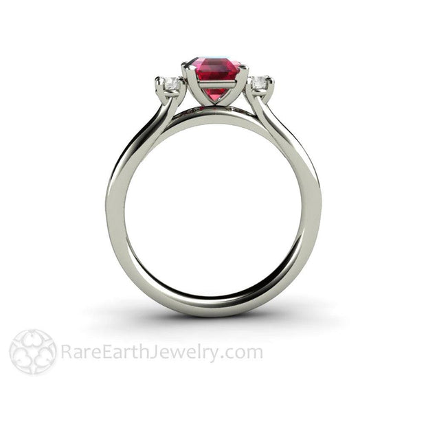Ruby and Diamond Engagement Ring Three Stone Asscher Cut Platinum - Rare Earth Jewelry
