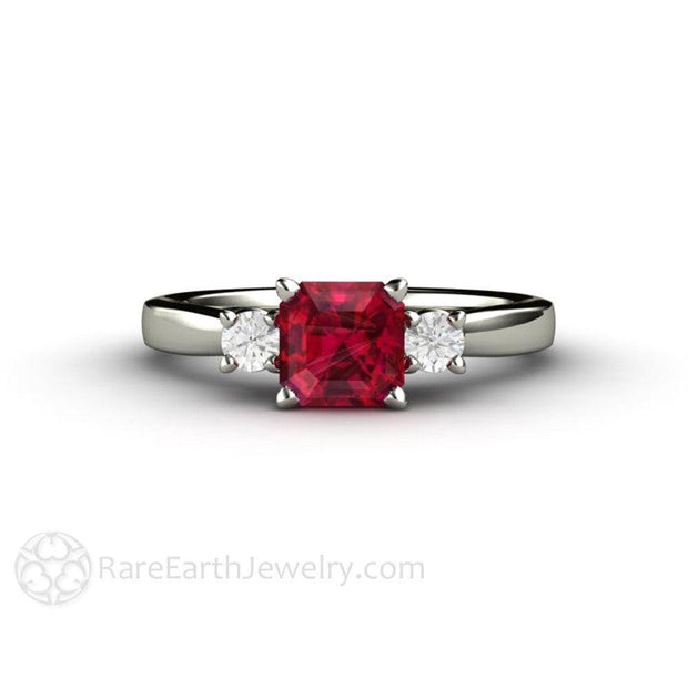 Ruby and Diamond Engagement Ring Three Stone Asscher Cut 18K White Gold - Rare Earth Jewelry