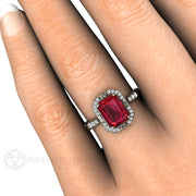 Ruby and Diamond Engagement Ring Vintage Halo Design 18K White Gold - Rare Earth Jewelry