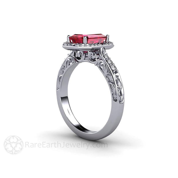 Ruby and Diamond Engagement Ring Vintage Halo Design Platinum - Rare Earth Jewelry