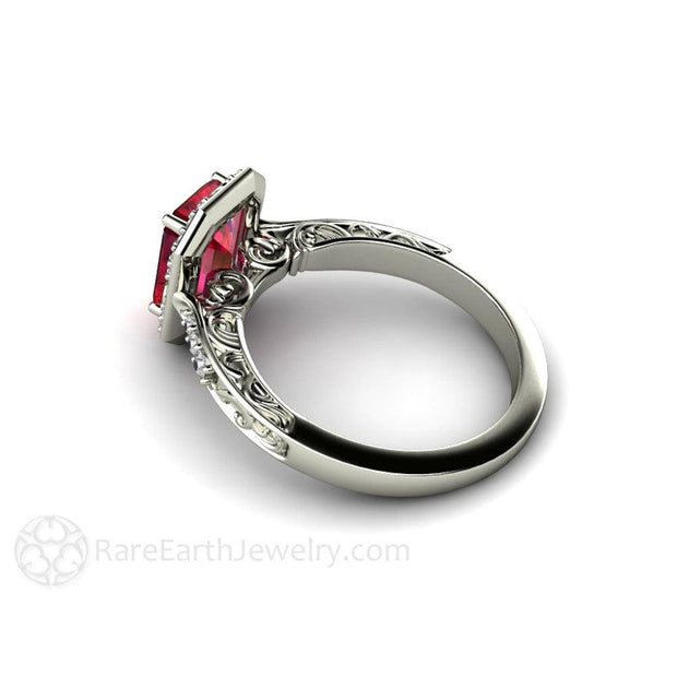 Ruby and Diamond Engagement Ring Vintage Halo Design 14K White Gold - Rare Earth Jewelry