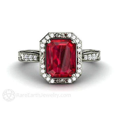 Ruby and Diamond Engagement Ring Vintage Halo Design 14K White Gold - Rare Earth Jewelry