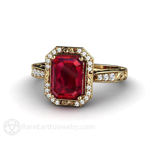 Ruby and Diamond Engagement Ring Vintage Halo Design 14K Yellow Gold - Rare Earth Jewelry