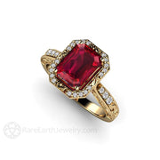 Ruby and Diamond Engagement Ring Vintage Halo Design 18K Yellow Gold - Rare Earth Jewelry