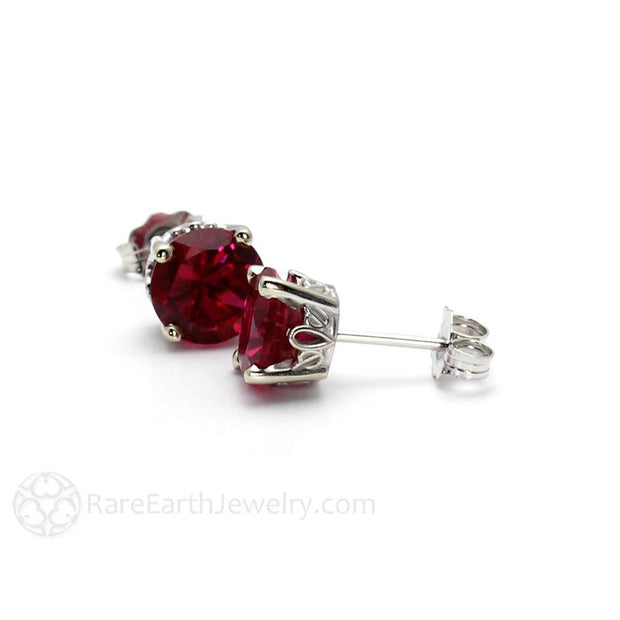 Ruby Earrings 4 Prong Filigree Round Studs July Birthstone 14K White Gold - Rare Earth Jewelry