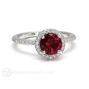 Ruby Engagement Ring Diamond Halo July Birthstone 18K White Gold - Engagement Only - Rare Earth Jewelry