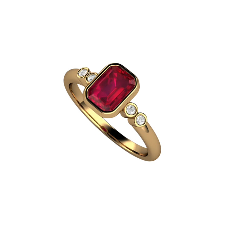 Modern Ruby Engagement Ring Emerald Cut Ruby Ring with Minimalist Design, 18K Gold Bezel Setting Diamond Accents | Rare Earth Jewelry
