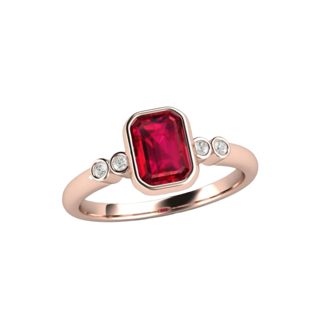Ruby Emerald Cut Ring, Simple Ruby Solitaire Engagement Ring with Diamond Accents, Bezel Set Design in 18K Rose Gold | Rare Earth Jewelry