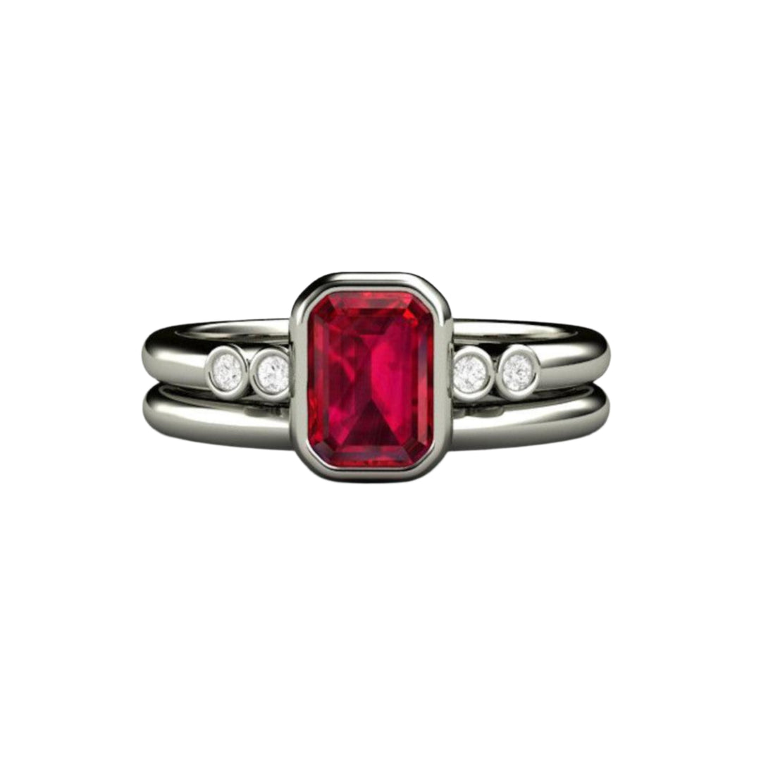 Bezel Set Ruby Bridal Set in Platinum, Ruby Engagement Ring Emerald Cut Bezel Set Solitaire with Diamonds | Rare Earth Jewelry
