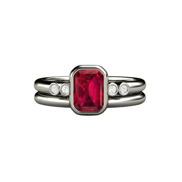 Bezel Set Ruby Bridal Set in Platinum, Ruby Engagement Ring Emerald Cut Bezel Set Solitaire with Diamonds | Rare Earth Jewelry