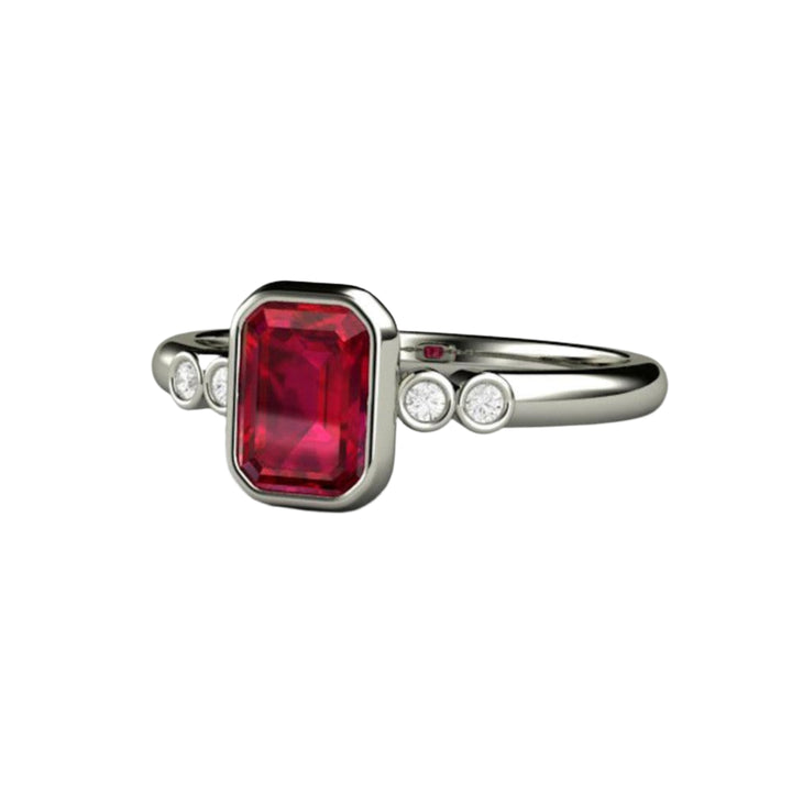 Ruby Engagement Ring Emerald Cut Bezel Set Solitaire with Diamonds, Rare Earth Jewelry