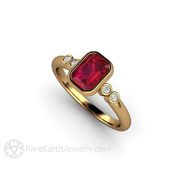 Ruby Engagement Ring Emerald Cut Bezel Set Solitaire with Diamonds 18K Yellow Gold - Engagement Only - Rare Earth Jewelry