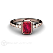 Ruby Engagement Ring Emerald Cut Bezel Set Solitaire with Diamonds 14K Rose Gold - Engagement Only - Rare Earth Jewelry