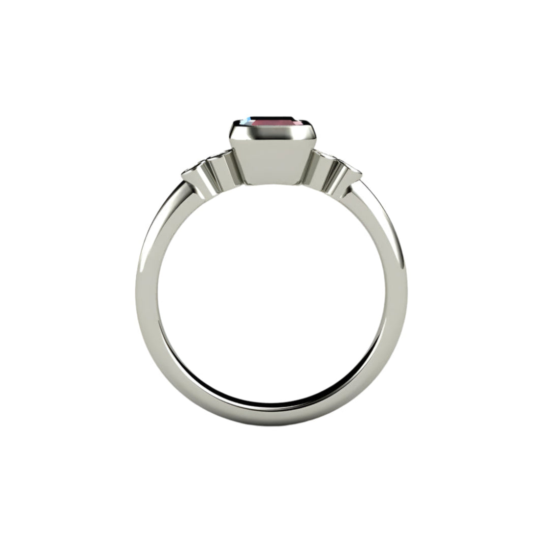 Ruby Engagement Ring Emerald Cut Bezel Set Solitaire with Diamonds, Rare Earth Jewelry