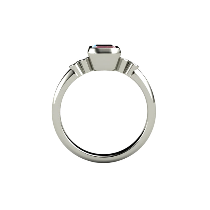 Ruby Engagement Ring Emerald Cut Bezel Set Solitaire with Diamonds, Rare Earth Jewelry