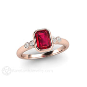Ruby Engagement Ring Emerald Cut Bezel Set Solitaire with Diamonds 18K Rose Gold - Engagement Only - Rare Earth Jewelry
