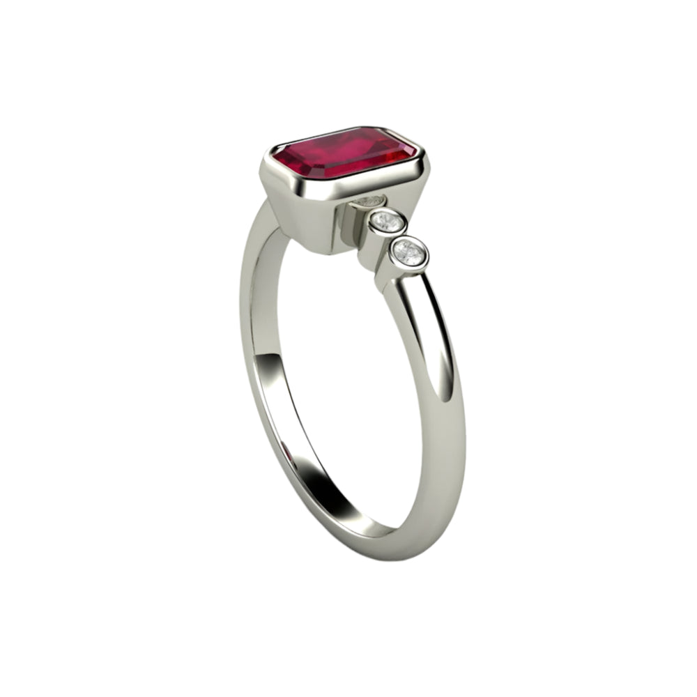 Ruby Engagement Ring Emerald Cut Solitaire Bezel Setting with Diamonds, Rare Earth Jewelry