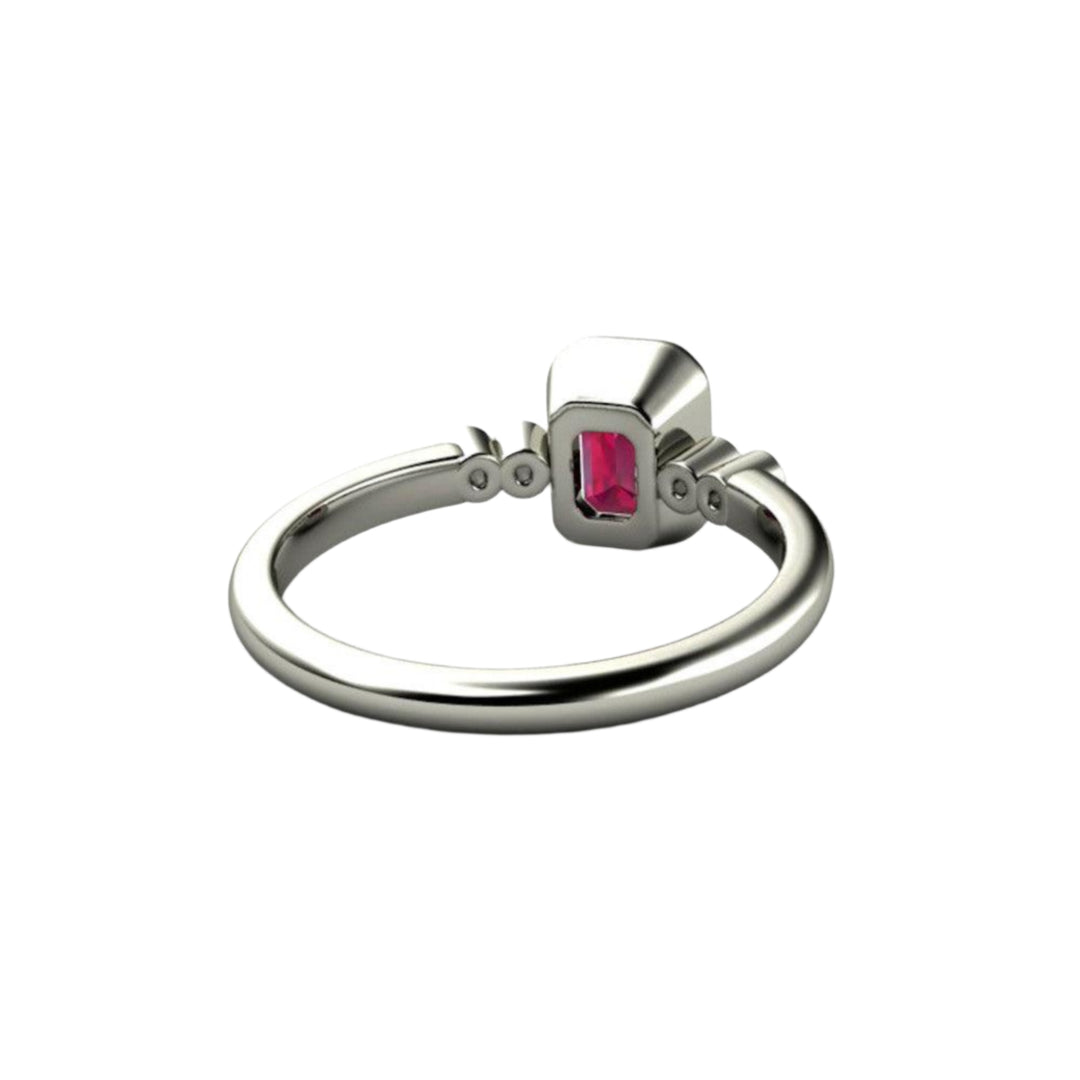 Ruby Engagement Ring Emerald Cut Bezel Set Solitaire with Diamonds, Rare Earth Jewelry