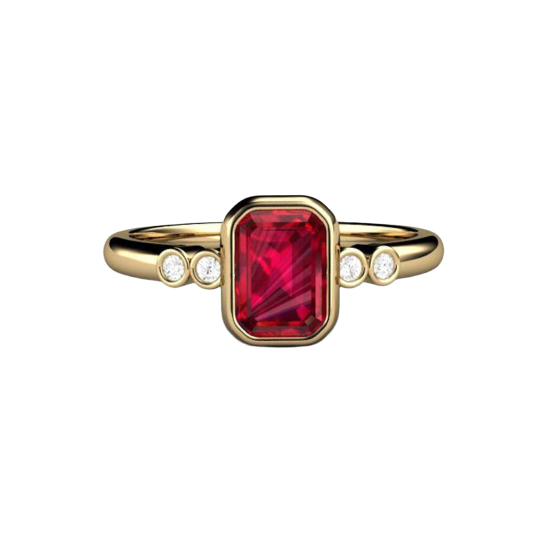 Emerald Cut Ruby Engagement Ring in 14K Yellow Gold, Ruby Bezel Set Solitaire with Diamonds, Minimalist Engagement Rings | Rare Earth Jewelry