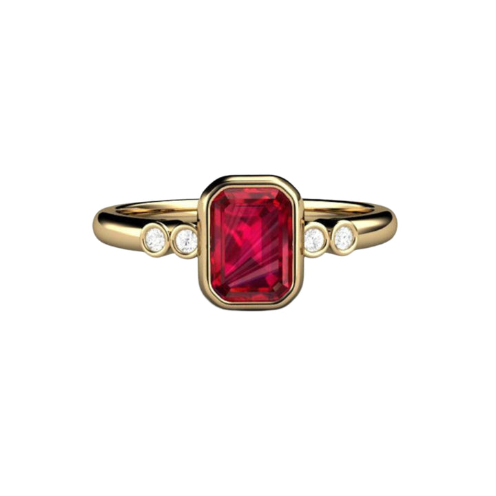 Emerald Cut Ruby Engagement Ring in 14K Yellow Gold, Ruby Bezel Set Solitaire with Diamonds, Minimalist Engagement Rings | Rare Earth Jewelry