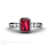 Ruby Engagement Ring Emerald Cut Bezel Set Solitaire with Diamonds 14K White Gold - Engagement Only - Rare Earth Jewelry