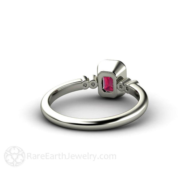 Ruby Engagement Ring Emerald Cut Bezel Set Solitaire with Diamonds 18K White Gold - Engagement Only - Rare Earth Jewelry