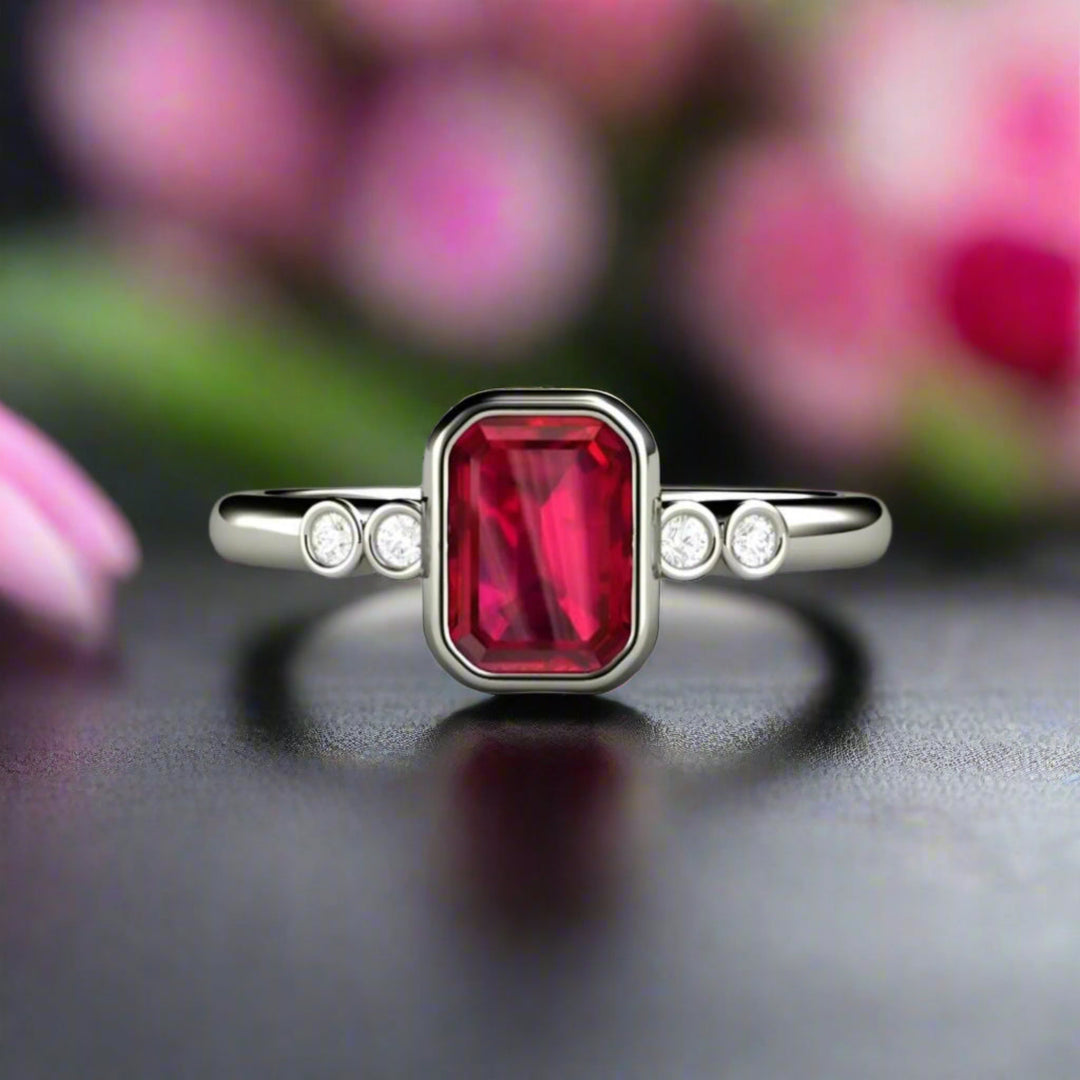 Ruby Engagement Ring, Emerald Cut Bezel Setting Ruby Solitaire with Diamonds, Modern Minimalist Engagement Rings | Rare Earth Jewelry