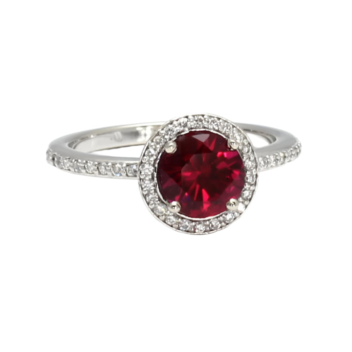 Round Ruby Halo Engagement Ring, Chatham Ruby Ring in Gold or Platinum, July Birthday Gift | Rare Earth Jewelry