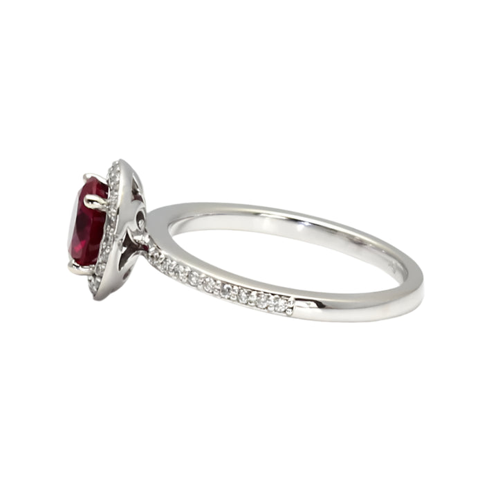 Side View Round Ruby Engagement Ring with Diamond Halo July Birthstone | Rare Earth Jewelry