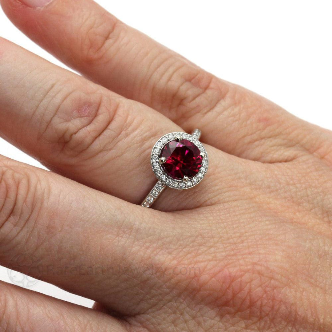 Round Ruby and Diamond Ring on the Hand, Ruby Halo Engagement Ring, July Birthstone Jewelry | Rare Earth Jewelry