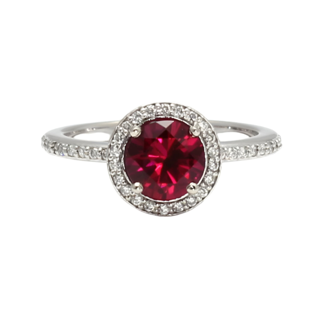 Round Ruby Engagement Ring with Diamond Halo in 14K or 18K Gold and Platinum, Ruby Halo Ring | Rare Earth Jewelry