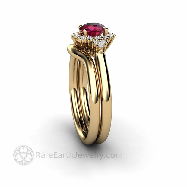 Ruby and Diamond Engagement Ring Vintage Filigree Diamond Halo 14K Yellow Gold - Wedding Set - Rare Earth Jewelry