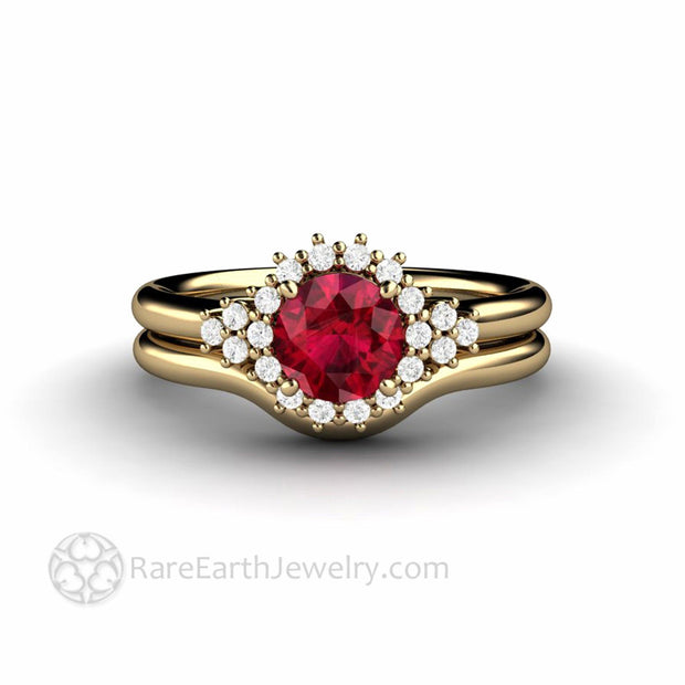Ruby and Diamond Engagement Ring Vintage Filigree Diamond Halo 14K Yellow Gold - Bridal Set - Rare Earth Jewelry