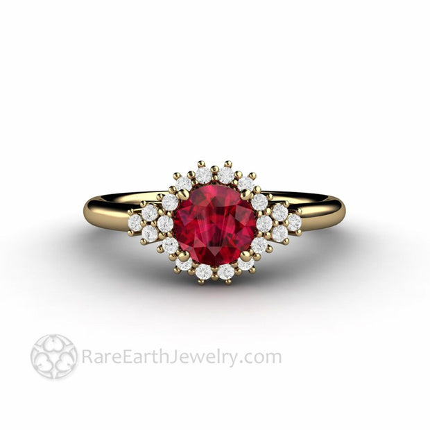 Ruby and Diamond Engagement Ring Vintage Filigree Diamond Halo 14K Yellow Gold - Rare Earth Jewelry