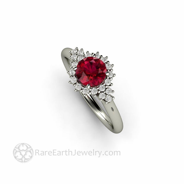 Ruby and Diamond Engagement Ring Vintage Filigree Diamond Halo 14K White Gold - Engagement Only - Rare Earth Jewelry