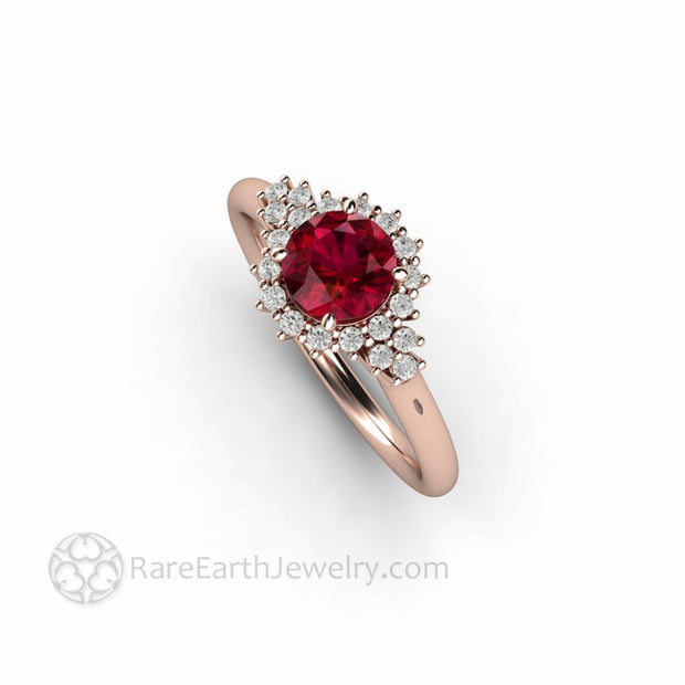 Ruby and Diamond Engagement Ring Vintage Filigree Diamond Halo 18K Rose Gold - Engagement Only - Rare Earth Jewelry