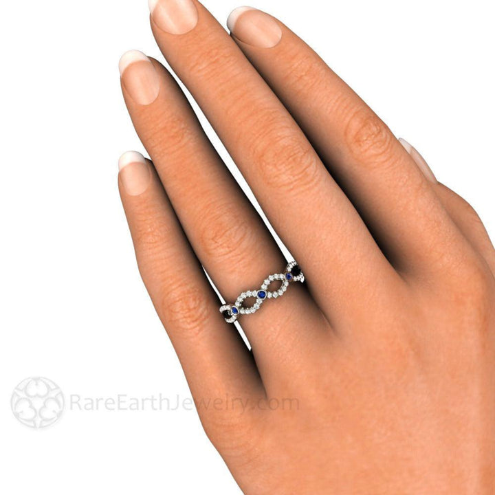 Sapphire and Diamond Infinity Band on the Hand Photo, Natural Blue Sapphire Wedding Ring, September Birthstone Ring |  Rare Earth Jewelry