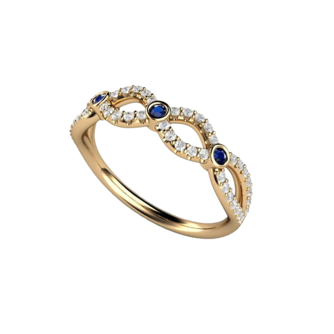 Natural Sapphire Wedding Band, Infinity Design with Diamond Accents in Yellow Gold. September Birthstone Stackable Ring |  Rare Earth Jewelry