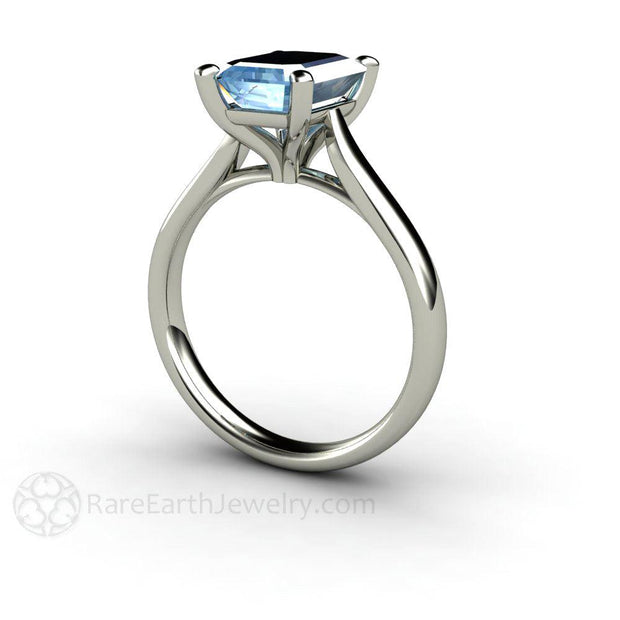 Solitaire Aquamarine Ring Engagement March Birthstone Platinum - Rare Earth Jewelry