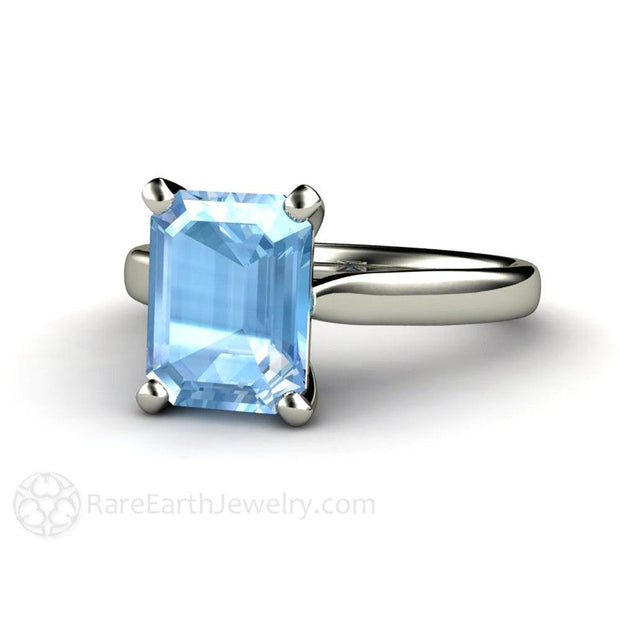Solitaire Aquamarine Ring Engagement March Birthstone 18K White Gold - Rare Earth Jewelry