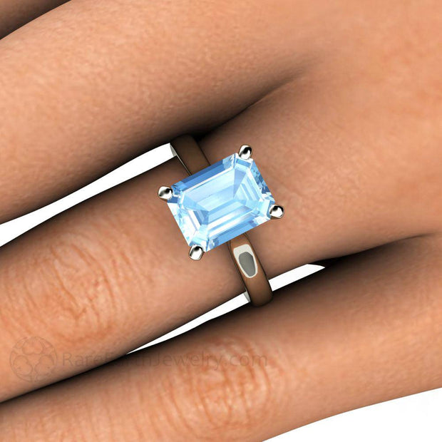Solitaire Aquamarine Ring Engagement March Birthstone 18K White Gold - Rare Earth Jewelry