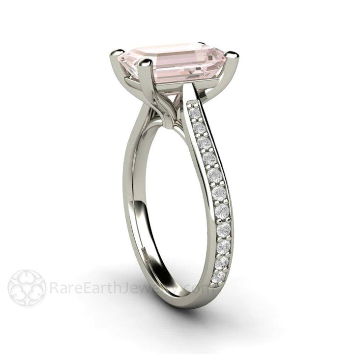 Solitaire Morganite Ring Engagement Ring Emerald Cut with Diamonds - Rare Earth Jewelry